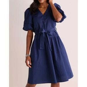 Pinch Tatiana Dress Navy Blue Cotton Puff Sleeve Tiered Midi V-Neck NWT L